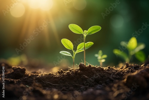 The seedling are growing from the rich soil to the morning sunlight that is shining ecology concept © Kristina