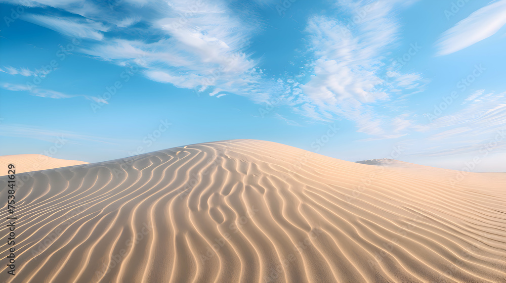 Sand dunes stretching into the distance under blue skies Sand dunes stretching into the distance under blue skies