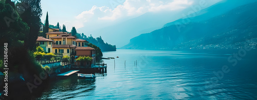 Landscape of a lake with Italian-style houses.