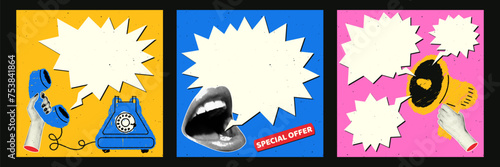 Set of square posters with speech bubbles in retro collage style for advertising, fitbacks. Hand with halftone effect holds an old telephone, loudspeaker in a doodle style.