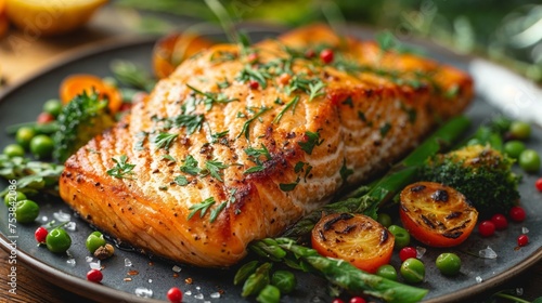 Grilled salmon fillet with vegetables on a plate