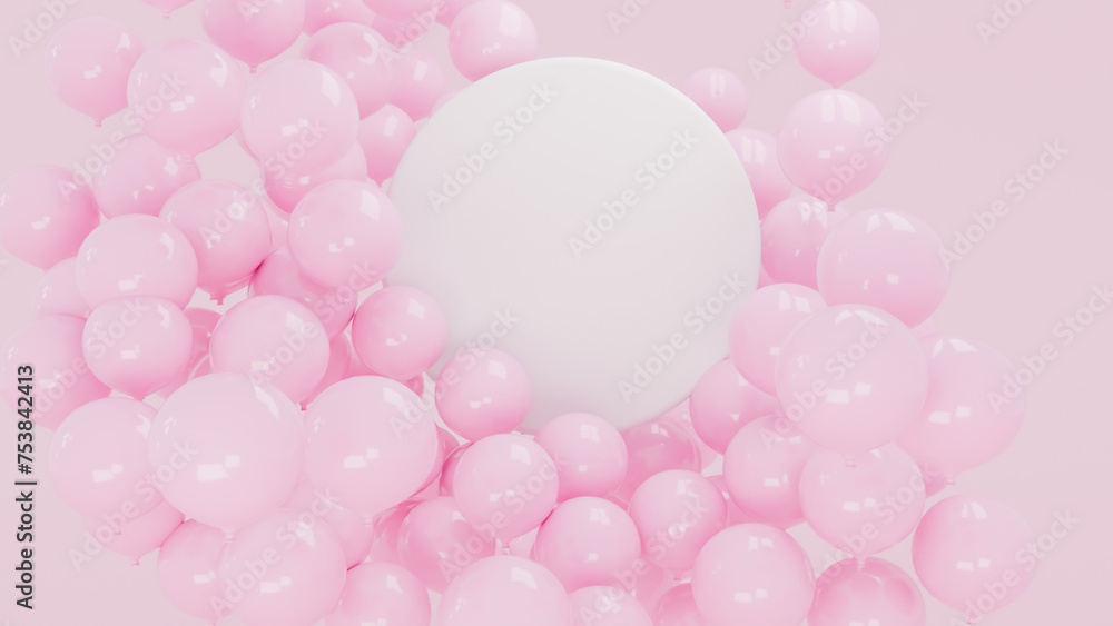 Mock up, white circular base. Composition of pink balloons around