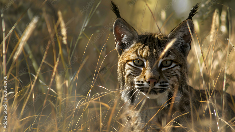 Obraz premium Silent bobcats stalking through tall grass in search of prey