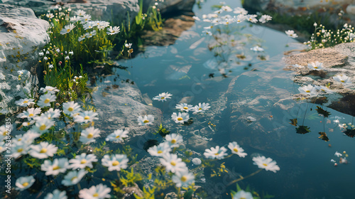 Shimmering reflections of coastal flora in tidal pools