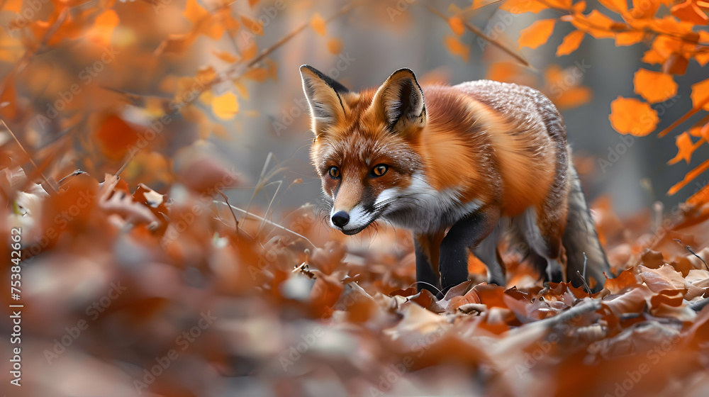 Stealthy fox hunting for prey among rustling leaves