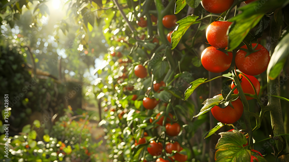 Sun-kissed tomato vines flourishing amidst lush greenery Sun-kissed tomato vines flourishing amidst lush greenery