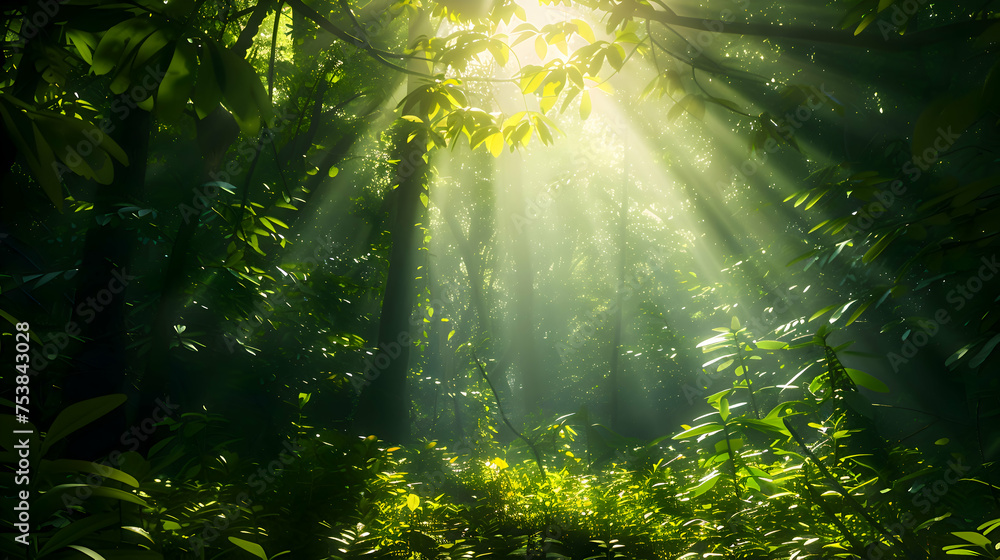 Obraz premium Sunlight filtering through the dense canopy, illuminating a forest floor