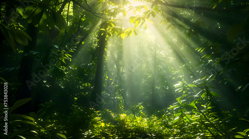 Sunlight filtering through the dense canopy, illuminating a forest floor