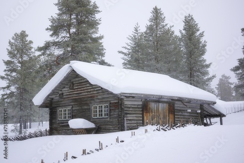 Old cottage in scandinavia winter wonderland.