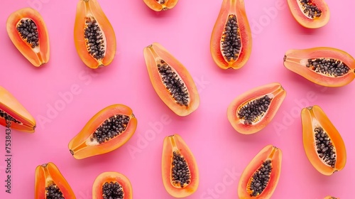 Open papaya in top view on a pink background