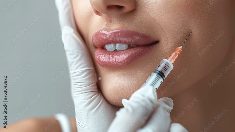 close up of woman getting injected with syringe on face, Cosmetic operations concept close up of woman getting injected with syringe on face, Cosmetic operations concept