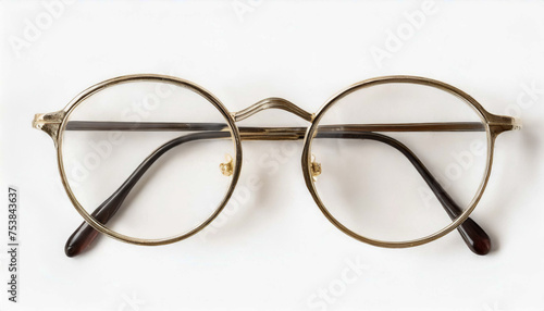 Top view of vintage glasses on white background desk for mockup, collection of diverse angle