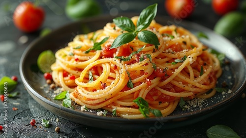 Spaghetti with tomato sauce and parsley in a black bowl