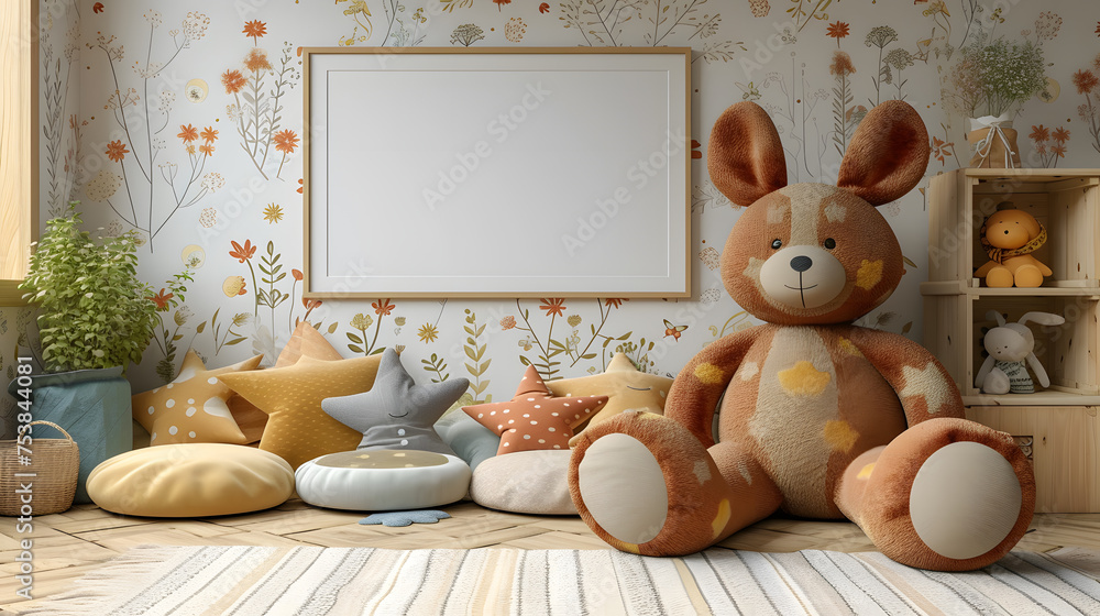 kid room with toys, a teddy bear, plush animal toys, a mint armchair ...