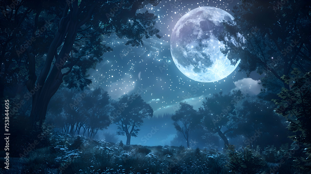 The tranquil beauty of a moonlit forest under stars The tranquil beauty of a moonlit forest under stars