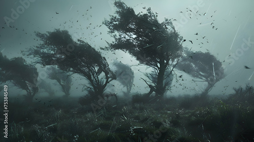 Trees sway violently under the force of powerful gusts