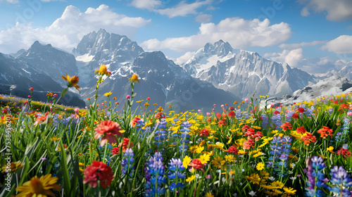 Vibrant wildflowers carpeting alpine meadows beneath azure skies