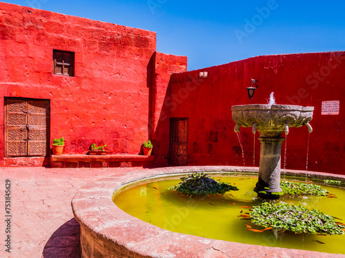 Stunning view of the fountain in Santa Catalina monastery, Arequipa, Peru