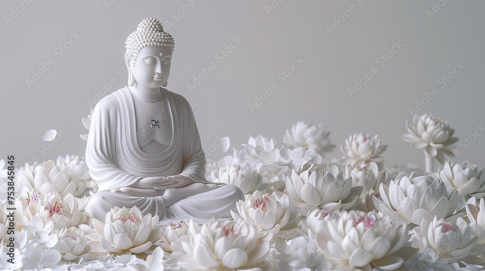 White Budha statue with wjite lotus and candles on water on light background. Happy Wesak day. Budha birthday concept.