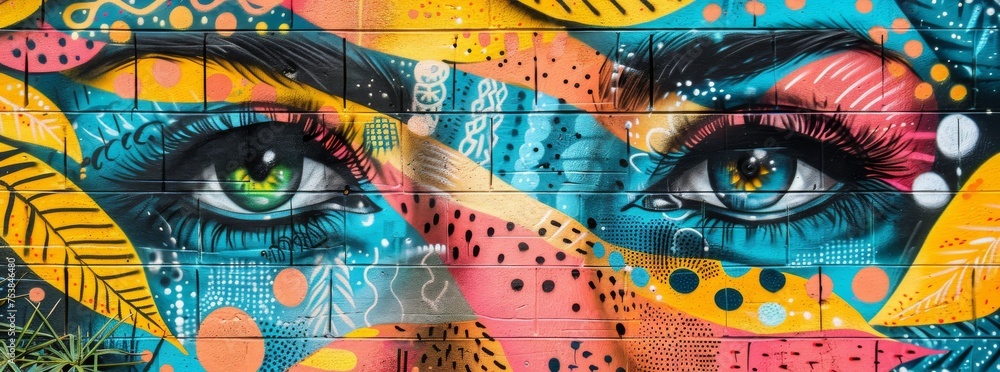 Vibrant street art mural of stylized eyes with a tropical theme, featuring detailed lashes, against a colorful abstract background.