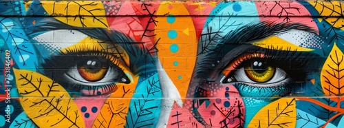 Vibrant street art mural of stylized eyes with a tropical theme, featuring detailed lashes, against a colorful abstract background.