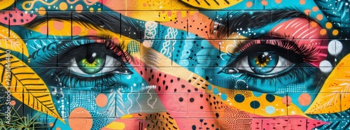 Vibrant street art mural of stylized eyes with a tropical theme  featuring detailed lashes  against a colorful abstract background.
