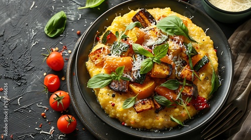 A bowl of creamy polenta topped with roasted vegetables and Parmesan cheese