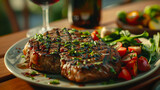 Succulent thick juicy portions of grilled fillet steak served with tomatoes and roast vegetables on an old wooden board