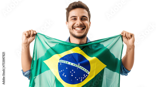 A man holding the flag of Brazil isolated on a transparent background