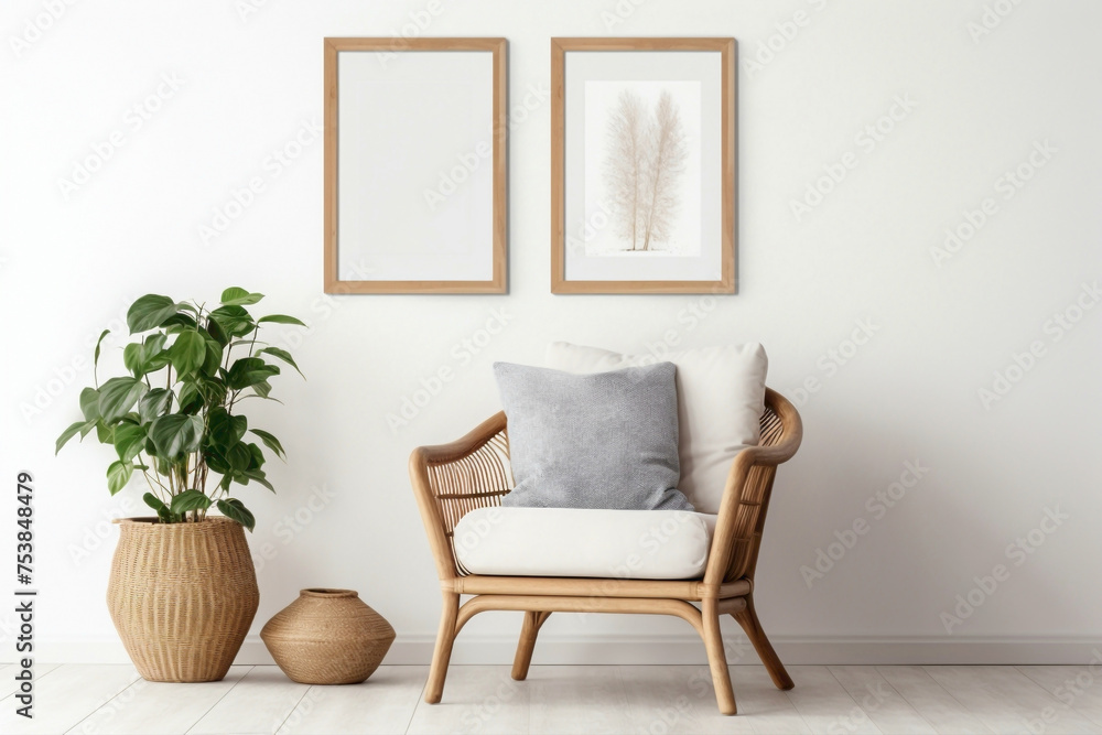 Discover the bohemian elegance of a stylish living room with a wicker chair, floor vases, and a blank mockup poster frame against a clean white backdrop.