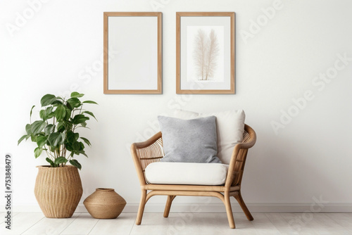 Discover the bohemian elegance of a stylish living room with a wicker chair, floor vases, and a blank mockup poster frame against a clean white backdrop. © Hamzaa