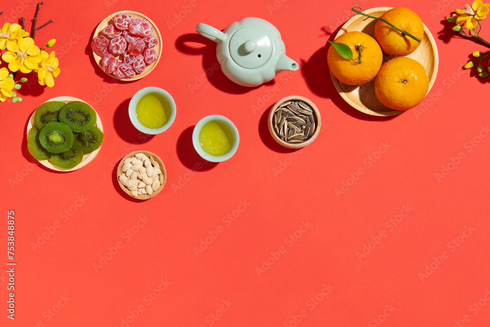 Table with beautiful decorations for Lunar New Year celebration Table with beautiful decorations for Lunar New Year celebration