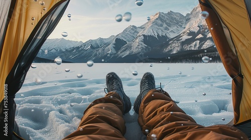 View of Abraham Lake's rugged slopes covered in bubbles and ice from inside a tourist tent during the winter