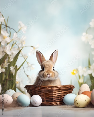 Easter bunny in a basket with eggs on the background of nature © Spyrydon