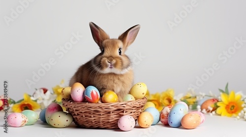 Easter bunny in a basket with eggs on a white background