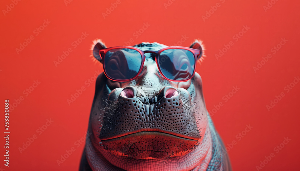 A hippo wearing sunglasses and a red background. image of a colorful hippopotamus with sunglasses in red background
