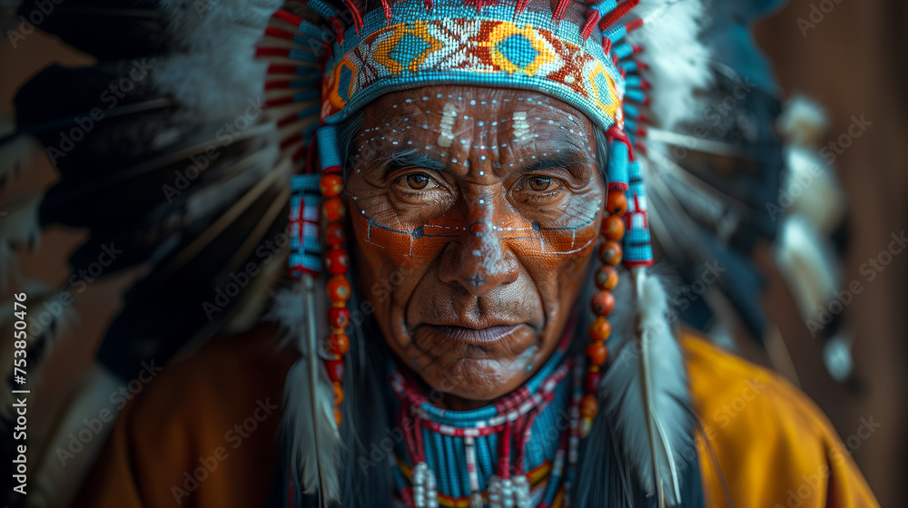 Portrait of an old native American chief.  (AI generated)