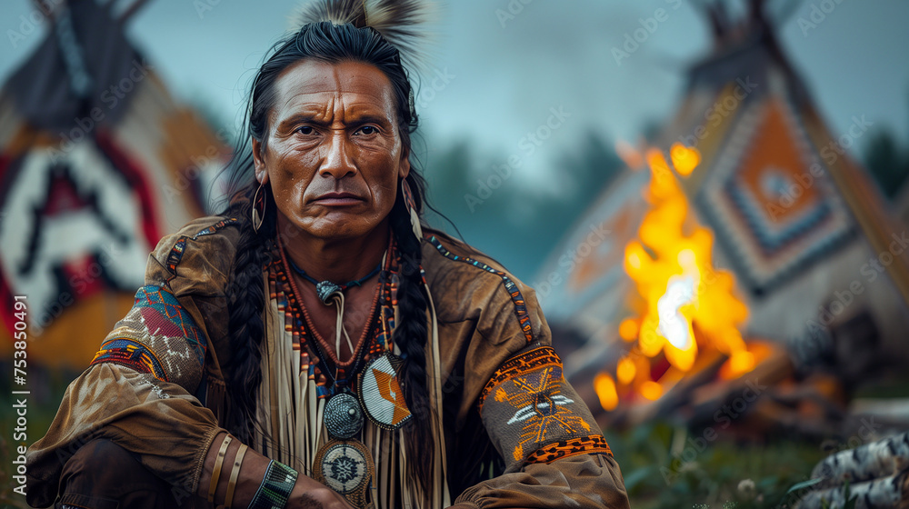 Portrait of a native American man sitting near a fire in a village. (AI generated)
