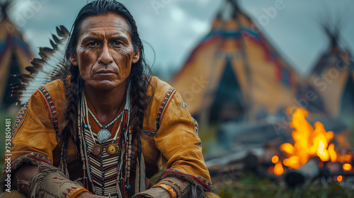 Portrait of a native American man sitting near a fire in a village. (AI generated) photo