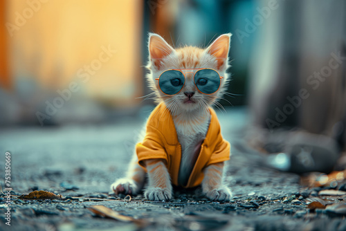 A cat wearing sunglasses and a yellow shirt is sitting on the ground. cute kitten dressed like a human.