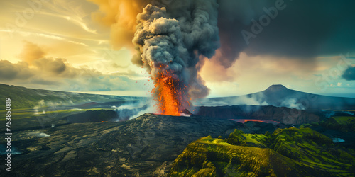 Volcanic Eruption Captured at Dusk Showcasing Lava Explosion and Ash Plume. AI. photo