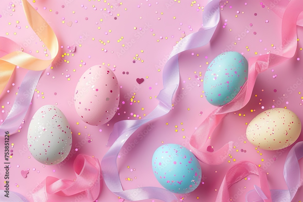 Colorful painted decorated easter eggs on pink background