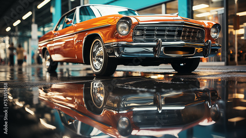 Orange Classic Car Parked on City Street. Generative AI © MakeVector