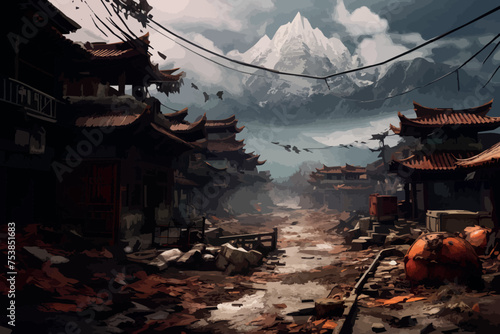 Abstract blurred background illustration. Desolate Remains Town. Uninhabited House Ablaze After War. Areas prone to danger from violence or civil war.