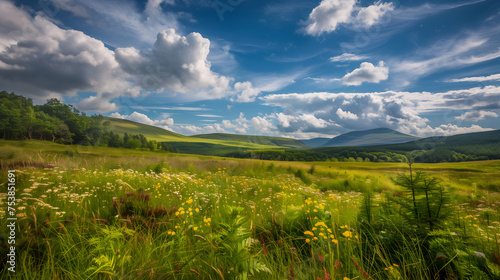 Serene Summer Meadows With Rolling Hills and Billowing Clouds at Midday. AI.