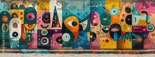 Vibrant street mural with abstract patterns and whimsical characters on an urban wall.