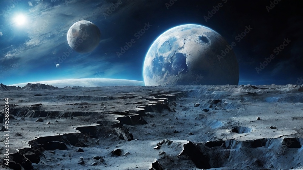 View from the surface of the Moon to the blue planet earth. Lunar landscape in cool blue tones. Huge craters on the surface of the moon and a view of the earth  created with generative ai
