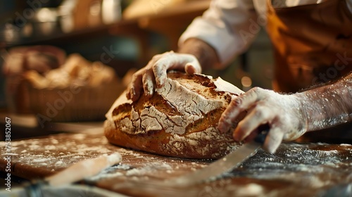 A baker slicing a loaf of freshly baked bread