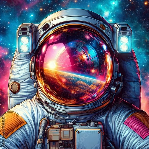 An Astronaut in a spacesuit with mirrored protective glass, looking at the camera against the backdrop of space and colorful galaxies. space wallpaper created with generative ai. photo