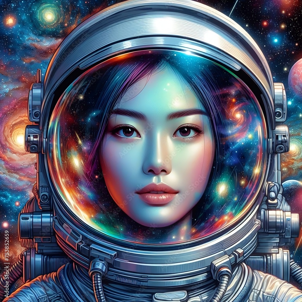 An Astronaut in a spacesuit with mirrored protective glass, looking at the camera against the backdrop of space and colorful galaxies. space wallpaper created with generative ai.